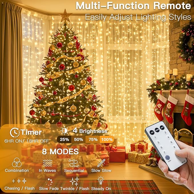 suddus 600 LED Christmas Curtain Lights Outdoor 9.8x19.6ft Curtain Lights Plug in with Remote Wall Hanging Lights for ChristmasDormWallWindowWeddingPartyBirthday DecorWarm White