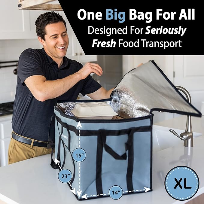 Large Insulated Collapsible Cooler for Hot or Cold Food. Thermal Picnic Lunch Pizza Bag Frozen Food Shopping Tote