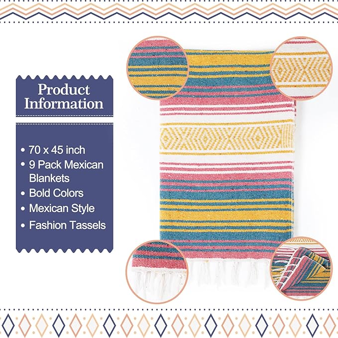 Peryiter 9 Pcs Mexican Blanket Bulk Large Yoga Blanket Striped Falsa with Fringed for Outdoor Beach Picnic Couch 45 x 70 inch(Light Colors)