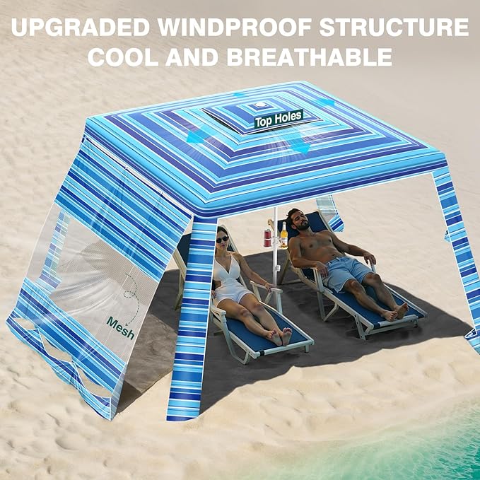 Rhino Valley Beach Cabana 8 * 8FT Beach Tent UPF50+ Protection Easy Setup Beach Canopy Wind Resistant with Cup Holder Compact Beach Shade Foldable Beach Tent Sun Shelter Blue Four Stripes