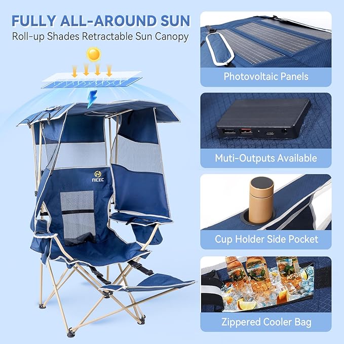 CDEN Canopy Chair Camping Chair with Canopy Chair with Shade Beach Chair USB Type-C DC outlets for Phone provided 30W Output with Solar Panel footrest (2 Pack)
