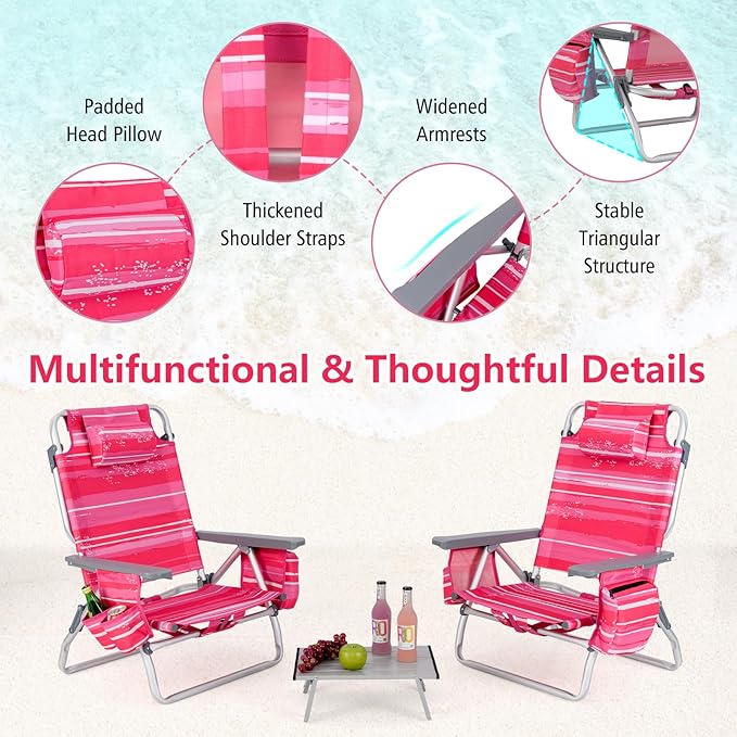 Giantex Folding Beach Chair Patio Sling Chairs with 5 Adjustable Position Head Pillow Storage Bag Towel Bar Cup Holders Backpack Chairs for Sunbathing Camping Chair