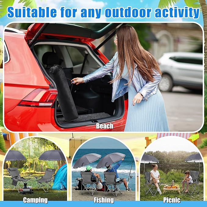 Karenhi 2 Set Beach Camping Chair with Umbrella for Adult Folding Reclining Camping Chair with Foot Rest Adjustable Clamp Canopy Shade for Outdoor Patio Travel Beach (Grey)