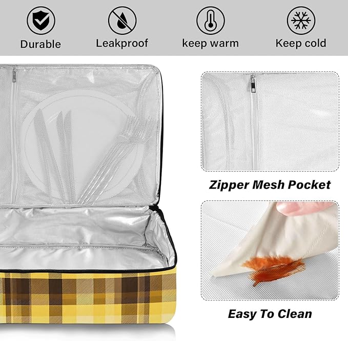 Casserole Carrier Yellow Brown Plaid Print Insulated Casserole Carrier for Hot or Cold Food Thermal Lunch Tote for Parties Picnic Travel Carry Bag