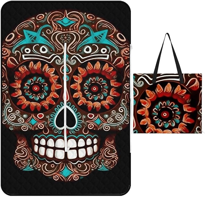 Zipper Sugar Skulls Day of The Dead Style Picnic Mat Suitable for Travel Camping Park Or Home Use