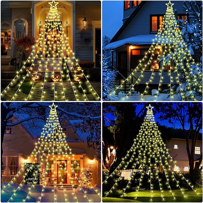 Christmas Decorations Outdoor 11.5 ft 317 LED Star Christmas Tree Lights 8 Memory Lighting Modes&ampTimer Star Light for Yard Wedding Party Decorations（Warm