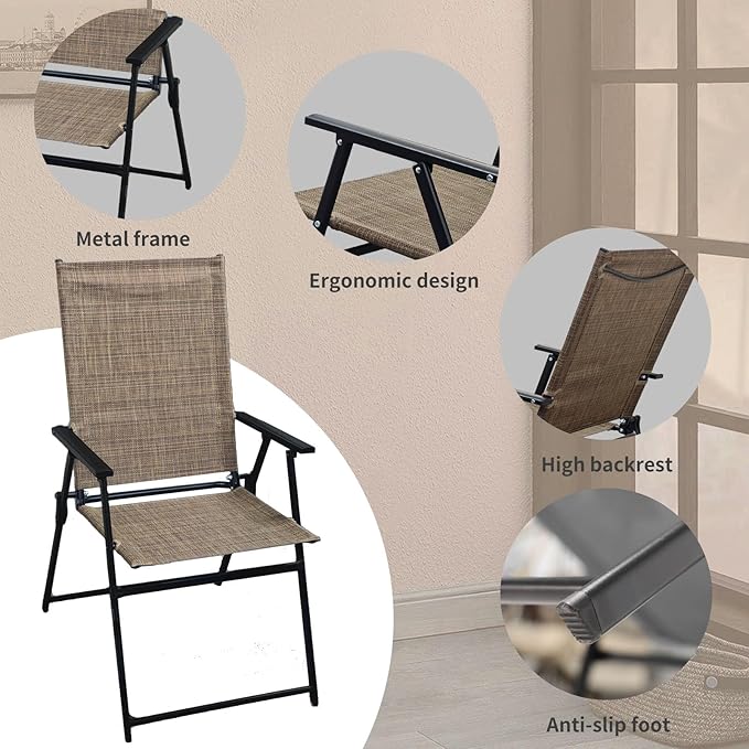 SHGJ&ampSOFT Set of 2 Folding Patio Chairs Outdoor Chair with Armrests for Lawn Garden Pool Beach Yard Lounge Metal Frame No Assembly Camping Chairs (Brown 2pc)