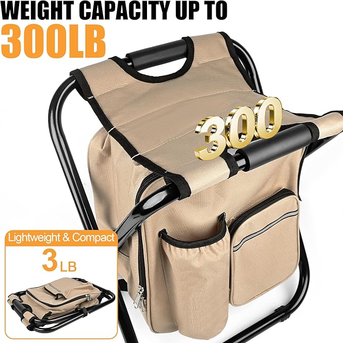 Kikerike Backpack Stool Cooler Chair Heavy Duty 300 LBS Max Load Portable Lightweight Stool Backpack Folding Fishing Cooler Seat for Camping Hunting Fishing - Sand