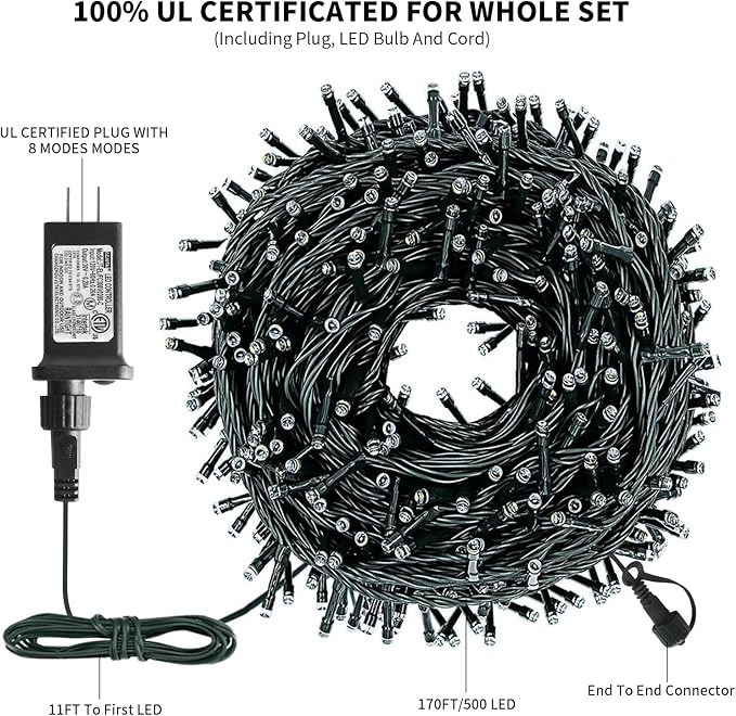 XTF2015 170FT 500 LED Christmas String Lights Christmas Lights End to End Plug 8 Modes Memory Function with Timer UL Certified Outdoor Indoor Fairy Light Christmas Tree Patio Party (Warm White)