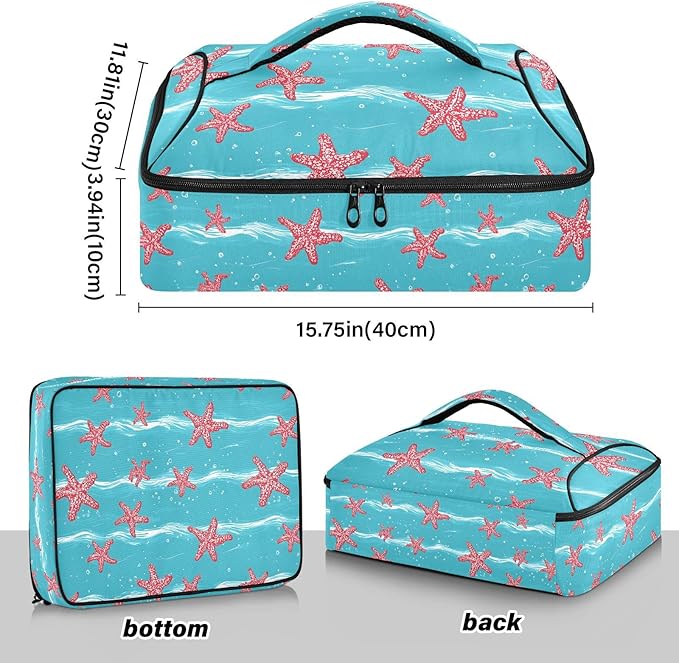 Casserole Carrier Red Starfish Turquoise WavesInsulated Casserole Carrier for Hot or Cold Food Thermal Lunch Tote for Potluck Parties Picnic Beach Fits 9 x 13 Inches Baking Dish