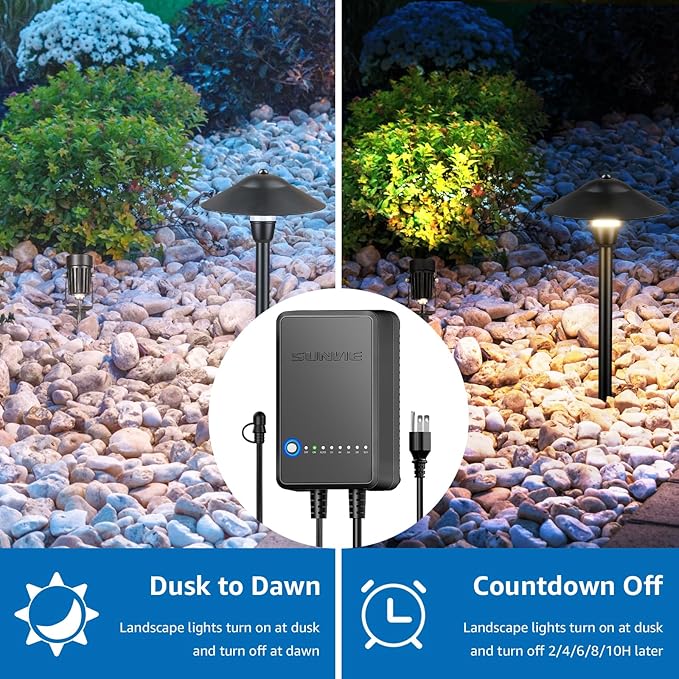 SUNVIE All-in-One LED Low Voltage Landscape Lighting Kit 6 Pathway Lights 2 Spotlights with 60W Photocell Transformer 100FT Wire for Path&ampGarden Aluminum ETL Listed Dusk to Dawn Waterproof 30