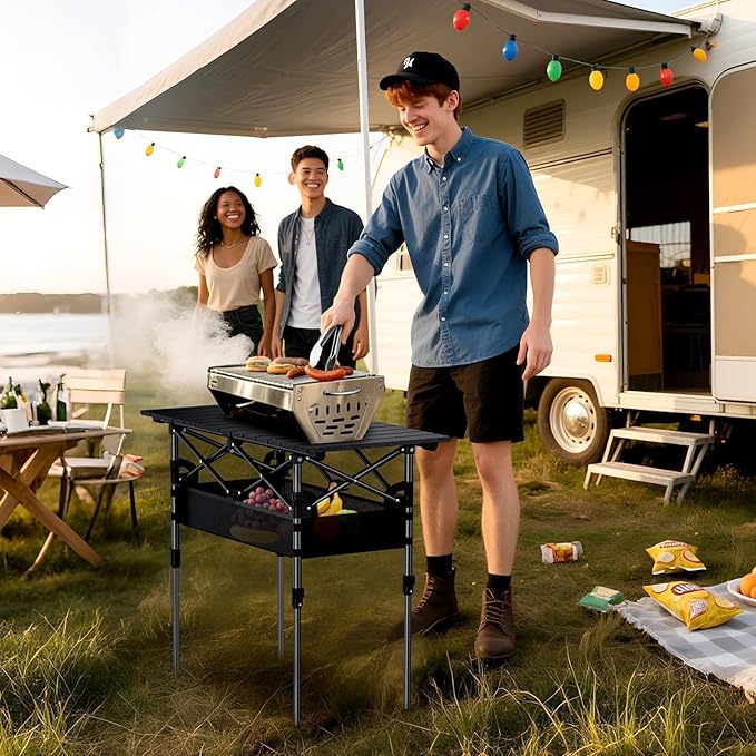 Anbte 3ft Aluminum Roll Top Camping Table Max 27.5 2 Adjustable Height Folding Camping Table Waterproof with Storage Net and Bag for BBQ Picnic Tailgating Backyard RV Travel 32.2” x 16” Pure Black