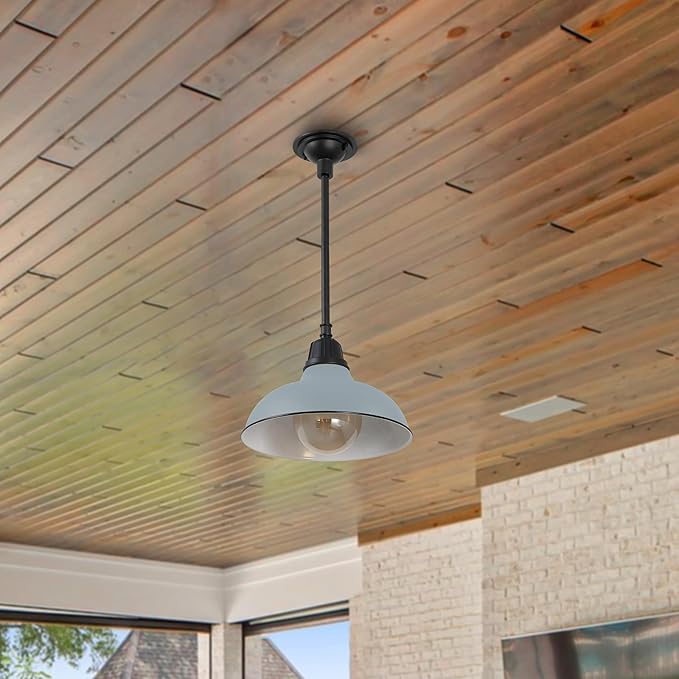 JONATHAN Y 12.25 Matte Silver 1-Light Blue Farmhouse Indoor/Outdoor LED Pendant Iron Hanging Light and Black Metal Shade Rustic Ceiling Lamp for Kitchen Island LED Bulb Included (JYL7611K)