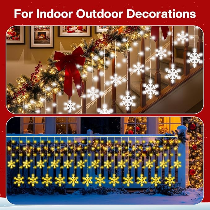 16FT Smart Icicle Lights with Snowflake for Outside App Control DIY Color Changing 16 Drops 208LEDs Outdoor Christmas Lights Plug In Window Curtain Light for Room Roofline Eaves Patio