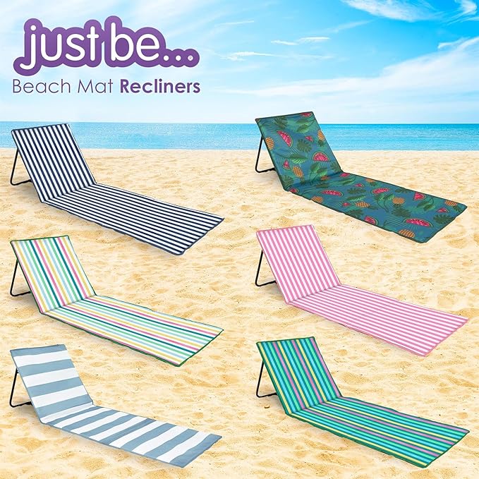 just be... Beach Sun Mat Folding Lightweight Portable Adjustable Sunbathing Recliner with Backrest Support and Valuables Pocket for Holidays Garden Camping Park Festivals - Pink Stripes