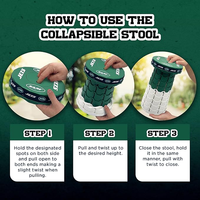 Sporticulture NFL New York Jets Telescoping Collapsible Stool 500lbs Max Weight Portable Adjustable Height Folding Camping Stool with Carry Strap Retractable Stadium Have A Seat Outdoor Sports Fan