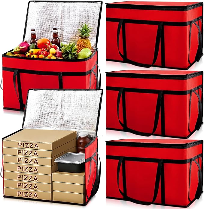 Maxcheck 6 Pcs Insulated Bags for Food Delivery XXXL Large Capacity Hot Grocery Tote Bag Reusable Warming Pizza Catering Carrier for Commercial Travel Lunch Shopping Gifts (Red)