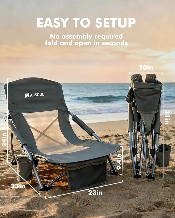 AKSOUL Folding Beach Chair for Adults: Low/High Back Chairs with Carry Bag - Extra Wide Seat Chair with Comfortable Pillow &amp Storage Pocket (1 Pack &amp 2 Pack Blue)