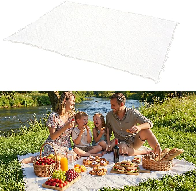 91 x 71 Inch Large White Picnic Blanket Outdoor Picnic Blanket with Fringe Soft Cotton Woven Blanket Picnic Lightweight Foldable Blanket Picnic for Beach Park Camping (White Diamond Pattern)