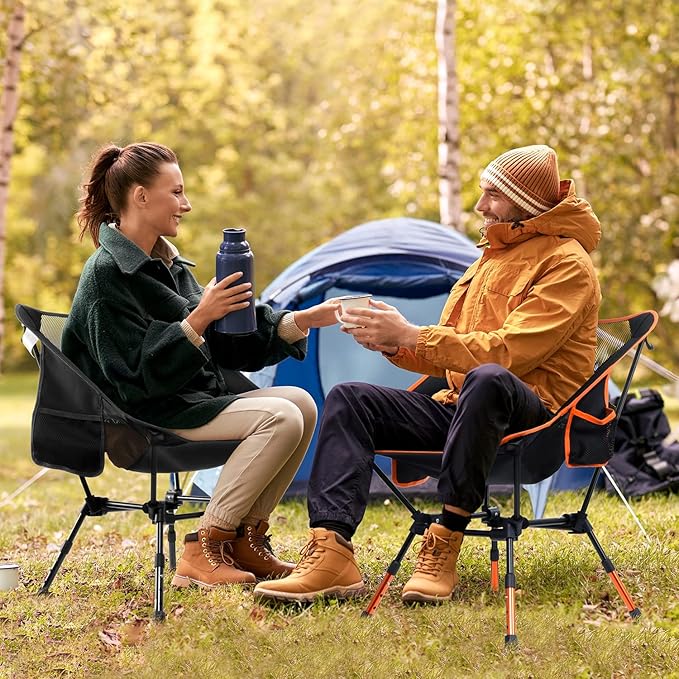 Sportneer Lawn Chairs: 3 Heights Adjustable Camping Chairs for Adults with 2 Side Pockets - Compact &amp Portable Folding Chairs for Outside Backpacking Hiking Picnic and Travel (1 Black)