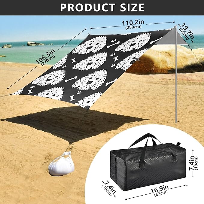 ALAZA White Dogs with Bones Beach Tent Sun Shelter UPF50+ Protection Beach Shade Canopy w/ 4 Sandbags for Outdoor Camping Fishing Backyard Fun Picnic 10x9 ft
