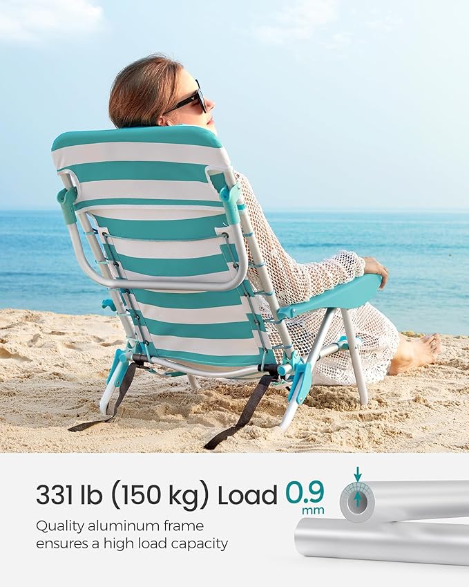 SONGMICS Portable Backpack Beach Chair 331 lb Capacity 4 Angles Adjustable Backrest 2 Side Pockets Towel Bar Green and White UGCB62JW