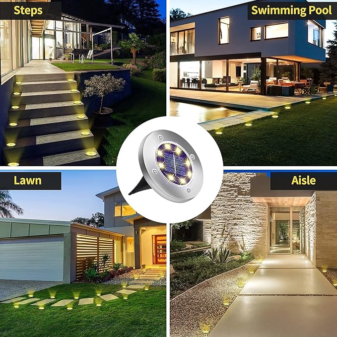 Aogist Solar Ground Lights - 12 Pack 8 LED Waterproof Outdoor Disk Lights for Pathway Yard Walkway Patio Lawn Path (Warm White)