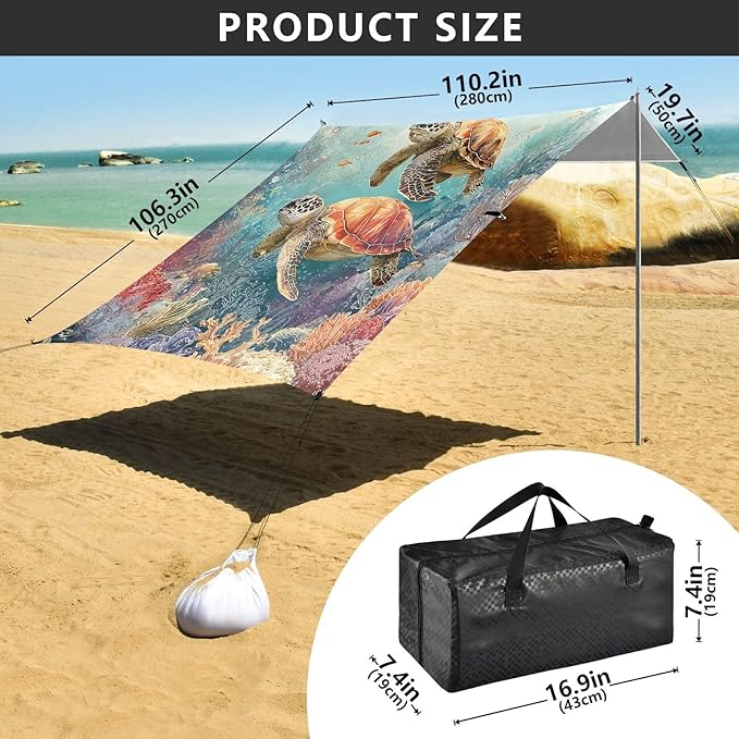 ALAZA Sea Turtles Coral Beach Tent Sun Shelter UPF50+ Protection Beach Shade Canopy w/ 4 Sandbags for Outdoor Camping Fishing Backyard Fun Picnic 10x9 ft