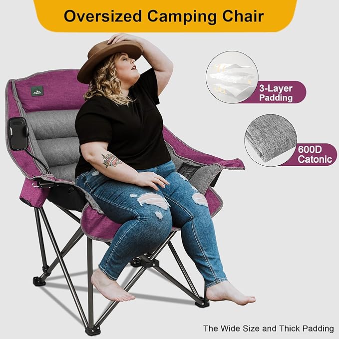 Northroad Oversized XL Padded Camping Chair w/Cell Phone Holder Large Camp Lounge Chair Foldable Lawn Chair w/Cup HolderCarry Bag for Outdoor Hiking Beach Picnics Heavy-Duty 400-lbs Capacity