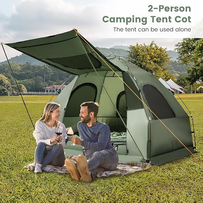 Goplus Camping Tent Cot 5-in-1 Folding Camping Bed with Air Mattress Pillow Sleeping Bag Waterproof Elevated Tent Shelter Portable Outdoor Sleeping Cot with Carry Bag for Picnic Trip