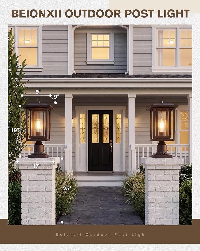 Beionxii Oil Rubbed Bronze Outdoor Post Lights 2 Pack 19In Lamp Post Light Fixture for Outside with Pier Mount Base Waterproof Aluminum HousingORB Column Mount Light(Hardwired 120V)BXA197-P-2P-ORB
