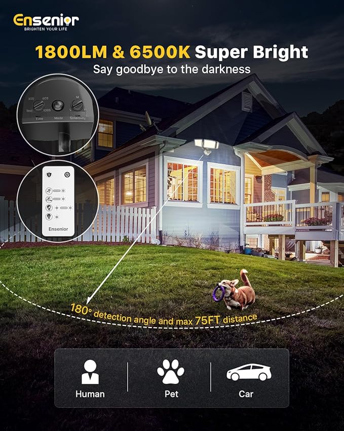 Ensenior 5 Motion Sensor Modes Solar Security Light 1800LM 270° Wide Angle 3 Heads LED Flood Lights IP65 Waterproof Wall Lights Separate Solar Panel Remote Control Solar Lights Outdoor