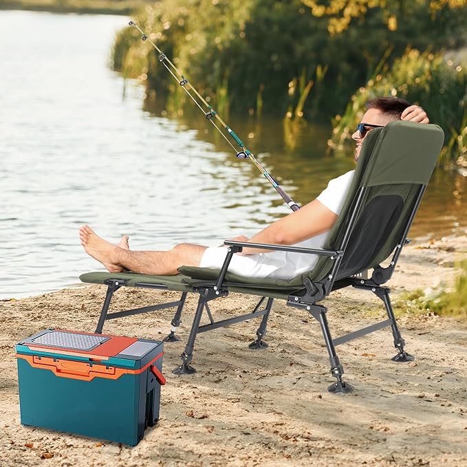 VINGLI Oversized Fishing Chair Heavy Duty Support 440 LBS 160° Freely Adjustable Reclining Folding Chairs Lounge Travel Outdoor Seat with High Back for Fishing Camping or Leisure