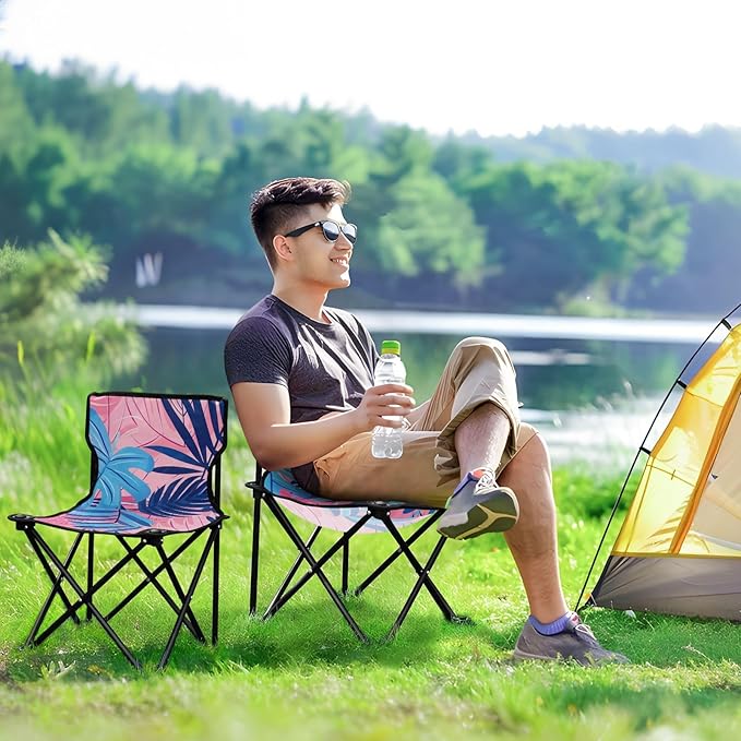 KLL Pastel and Blue Palm Leaves Folding Heavy Duty Camping Chairs Ultralight Compact Folding Chair with Carrying Bag Lawn Chairs for Concert Sports