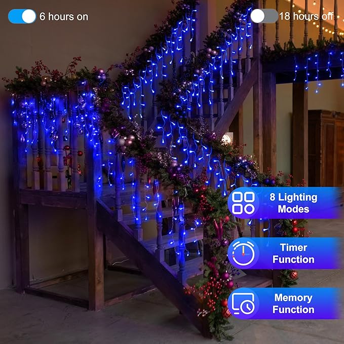 504LED 50ft Christmas Lights 112Drops 12 Modes Blue Christmas String Lights Outdoor Dimmable Waterproof Christmas Decoration Fairy Lights with Timer for Eaves Indoor Party Patio Window Fence Blue