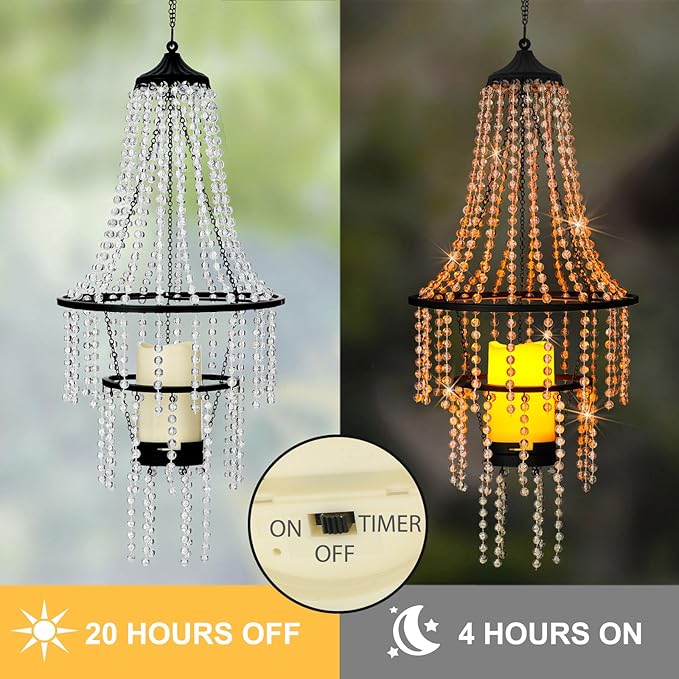Hanging Candle Chandelier Outdoor Battery Operated Clear Acrylic Beaded Chandelier with Flickering Led Candle Light S Hooks Modern Lantern for Garden Yard Patio Gazebo Room Indoor Decorations 28”H