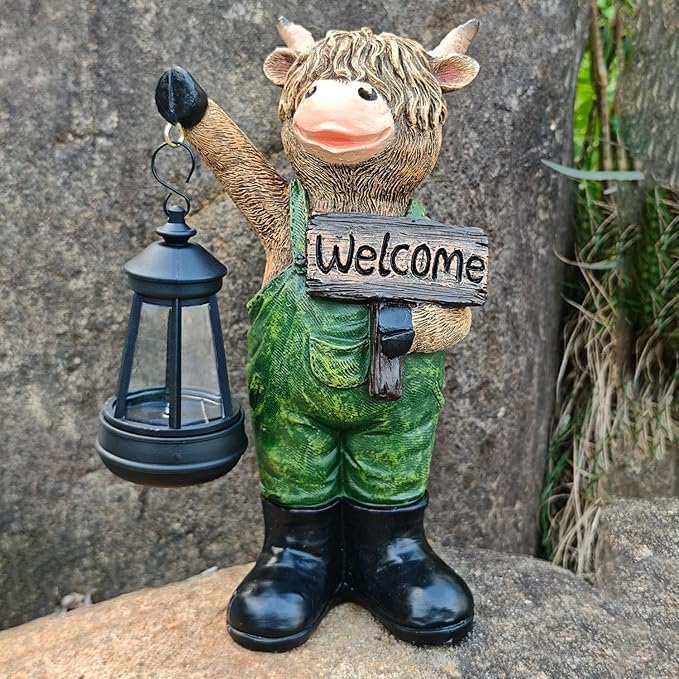 Solar Garden Decor Statues: Handmade Resin Statue with LED LightHighland Cow Figurine Outdoor Garden Decor Unique Gifts for Women Mom Grandma (Green cow1)