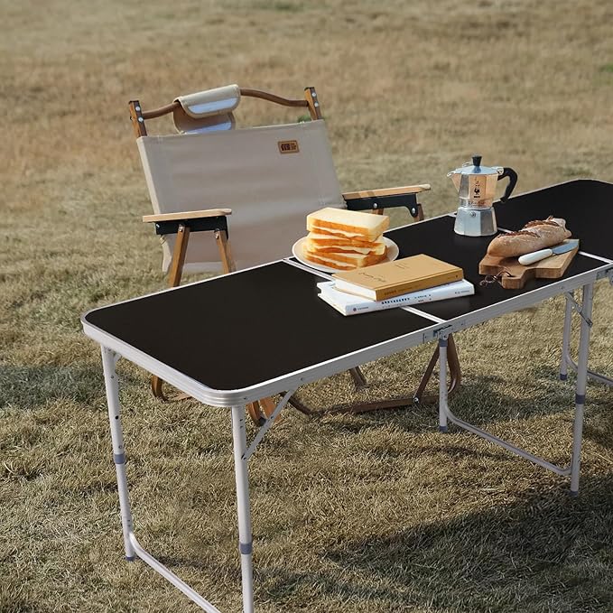 Folding Camping Table6FT Aluminum Folding Picnic Table with 3 Adjustable HeightHeavy Duty 3 Fold Utility TableIndoor Outdoor Portable Lightweight Beach Accessories with Carrying Handle (Black)
