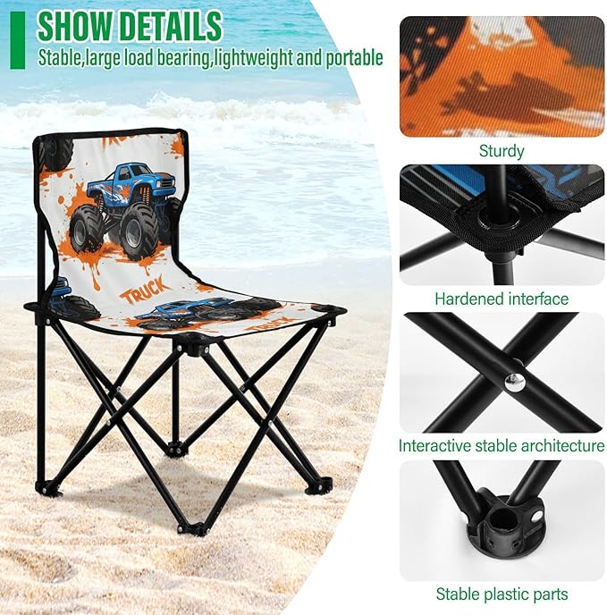 Compact Camping Chair Monsters Truck Pattern Packable Backpacking Ultra Lightweight Includes Carry Bag Lawn Chairs for Outside