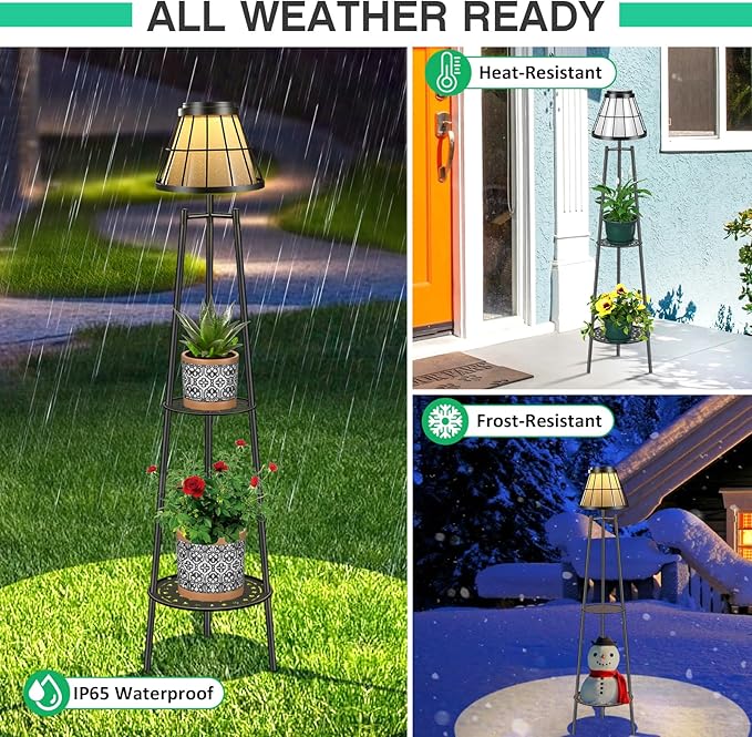 2 Pack Solar Floor Lamps Outdoor with 2-Tier Plant Stand Metal Tall Planter Holder with Waterproof LED Lantern Decorative Patio Light &amp Flower Pot Display Rack for Garden Deck Porch Balcony