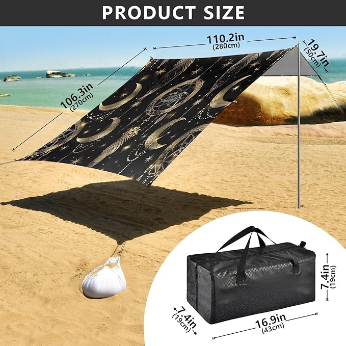 ALAZA Dreamcatcher Crescent Moon Beach Tent Sun Shelter UPF50+ Protection Beach Shade Canopy w/ 4 Sandbags for Outdoor Camping Fishing Backyard Fun Picnic 10x9 ft
