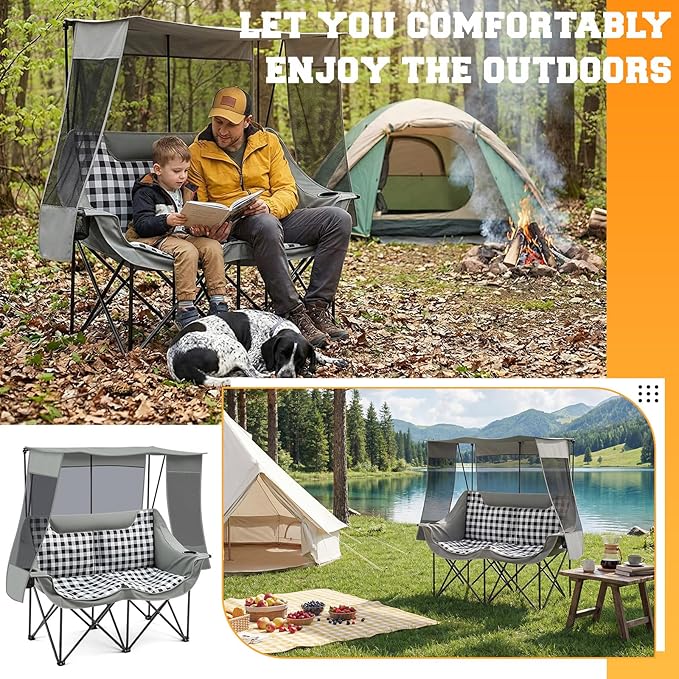 Double Camping Chair with Canopy Shade 660lbs Heavy Duty Beach Chair Portable Folding 2 Person Camping Loveseat with Cup Holder and Storage Bag for Lawn Beach Outdoor Sport(Grey Plaid)
