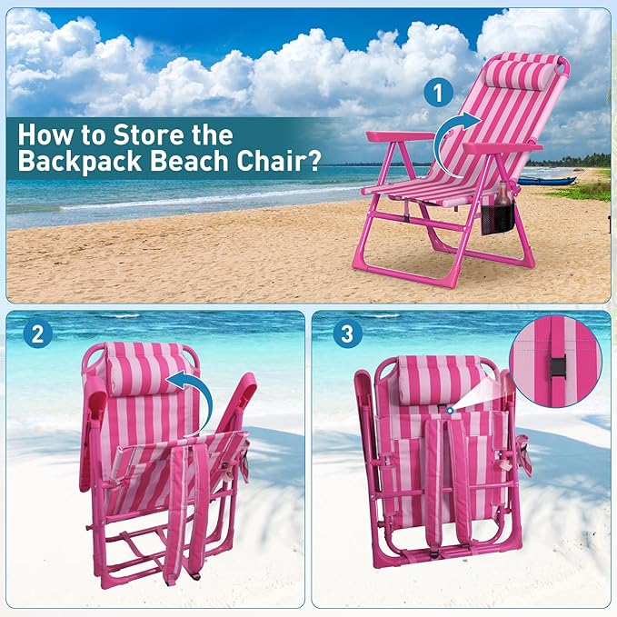 Suteck Backpack Beach Chairs for Adults 2 Pack 6-Position Folding Reclining Chair with Cooler Bag &amp Cup Holder Lightweight Portable Beach Chair for Camping Outdoor Sand Travel Use