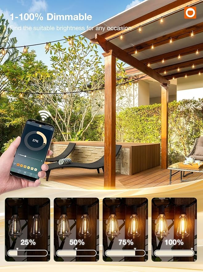 addlon 96FT Smart Outdoor String Lights Dimmable Patio Lights with 30 Waterproof LED Edison Bulbs String Lights for Outside Work with APP Control Music Sync Outdoor Lights for Bistro Backyard Party