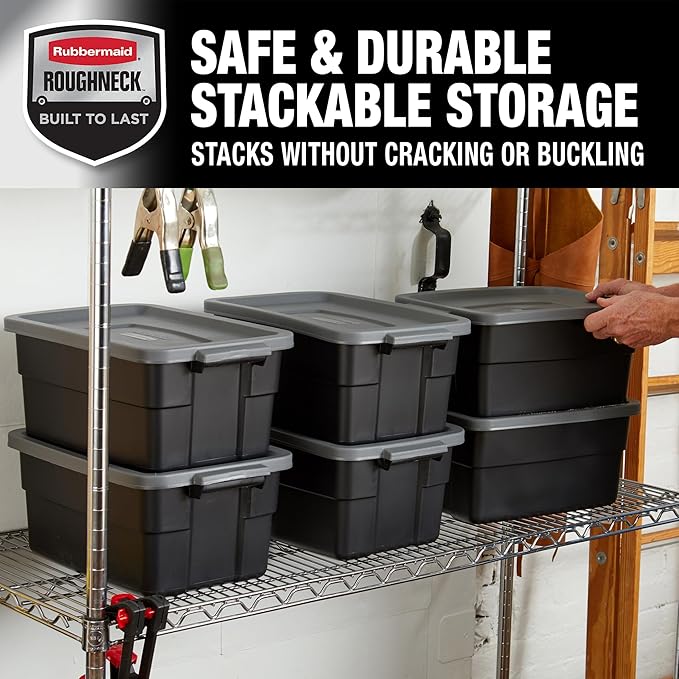 Rubbermaid 6-Pack Heavy Duty Durable 3 GAL Totes for Storage with Snap Lids and Handles Plastic Storage Bins Stackable Black Gray for Home and Garage (3 GAL - 6 Pack Solid Black and Grey)