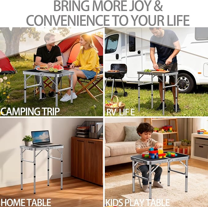 HOMGEN Portable Small Folding Table-3 Heights Adjustable [30/20/10] Inch Foldable Camping Table-Durable Load-Bearing Up to 66lbs Aluminum Foldable Picnic Table-23'' L x 16'' W Size-for Home/RV/Outdoor