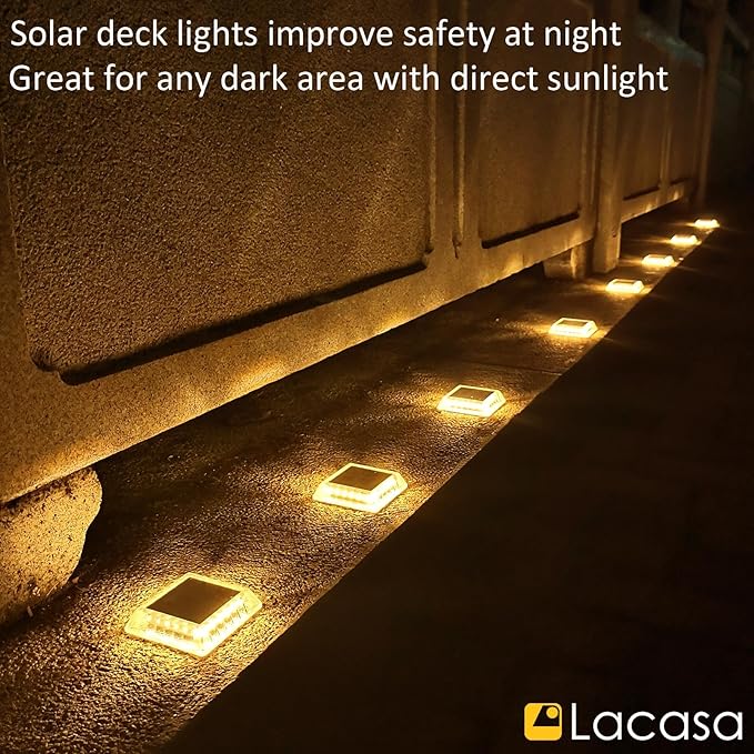 Lacasa Solar Deck Lights 8 Pack 30LM LED Dock Lights Warm White 2700K Outdoor Solar Powered Step Lights Light up All Night IP68 Waterproof Auto ON/Off for Garden Stairs Driveway Pathway Lighting