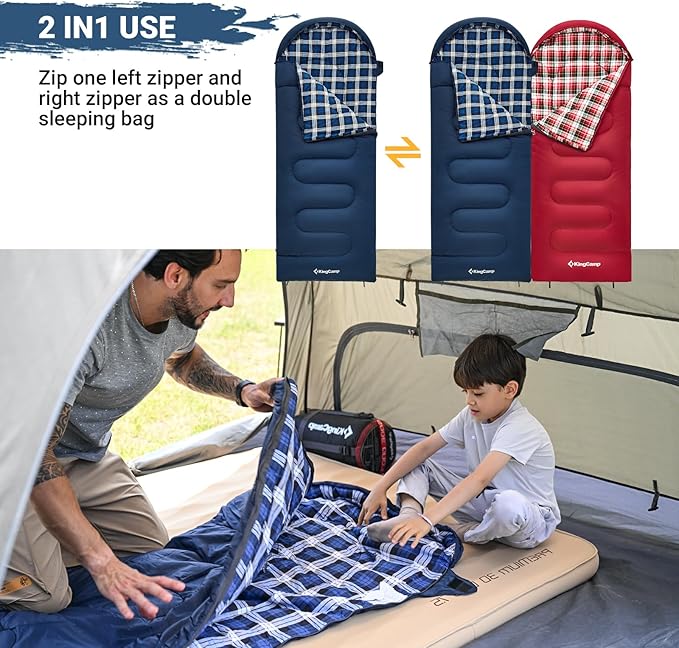 KingCamp 45°F Kids Sleeping Bag Lightweight Waterproof &amp Compact Flannel Sleeping Bags Cold Weather &amp Warm Youth Essentials Gear Accessories for Camping Fits 10-12 Children up to 4'7-5'5 T