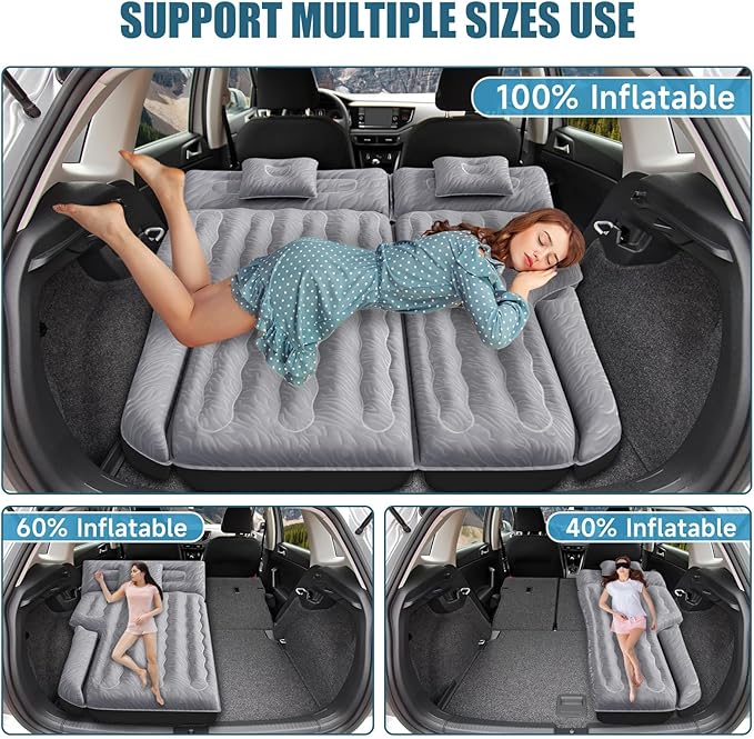 Inflatable SUV Air Mattress: Double-Sided Flocking Car Mattresses for Back SUV Travel Camping Sleeping Bed with Air Pump 2 Pillows