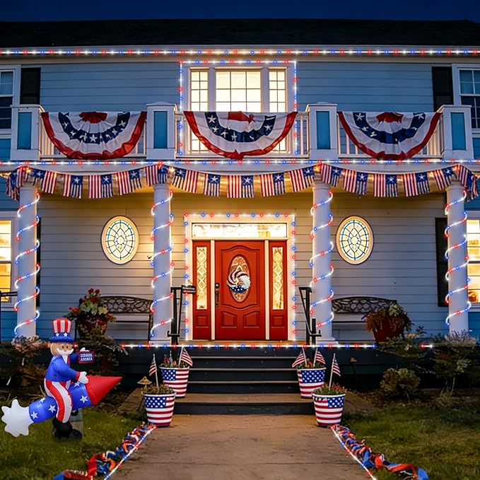 QITONG Red White Blue Solar Rope Lights 2 Pack Each 33ft 100 LED 4th of July String Lights 8 Modes Fairy Lights in Clear Thin Tube for Patriotic Independence Memorial Day Decor